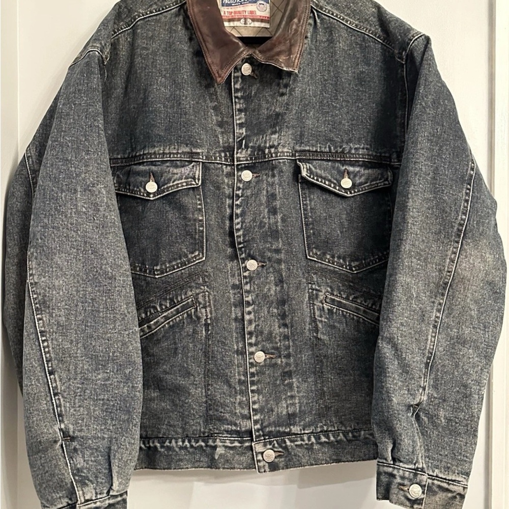 Vintage Denim Detroit style Jacket with Leather Collar Blanket Lined